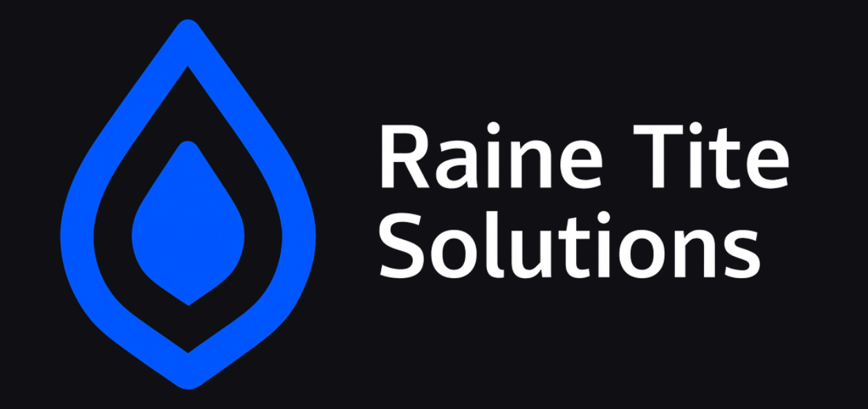 Blue and black Raine Tite Solutions logo with abstract droplet design